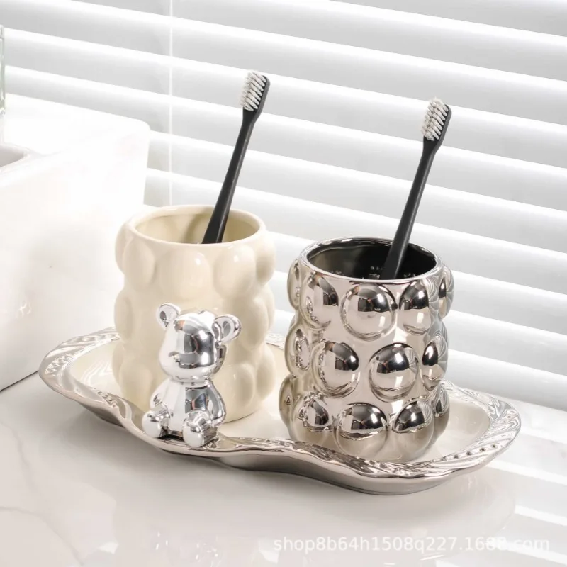 Luxury Electroplated Ceramic Mug Set Lovers Double Toothbrush Cup Gift Home Toothbrush Cartridge Cup Toilet Bathroom Accessories