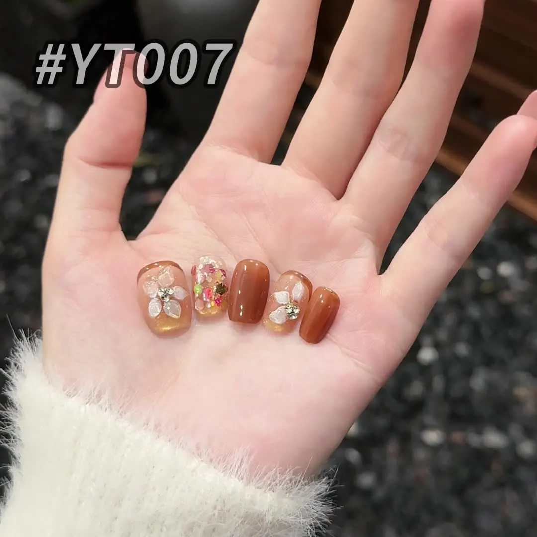 10 Stück handgemachte Nägel zum Aufdrücken, Herbst und Winter, Karamell, Sonnenblumenhonig, künstlicher Nagel für Frauen und Mädchen, abnehmbarer, tragbarer Kunstnagel
