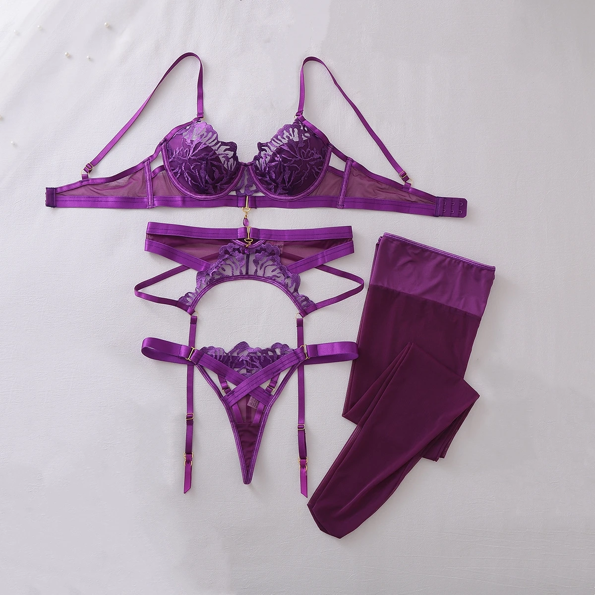 Sheer Bra Lace - Ensemble de Lingerie Femme 4 Pièces