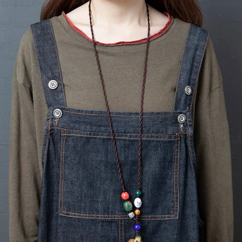 فستان دنيم فضفاض بحمالات للنساء، تصميم كوري جديد لخريف هذا العام، مقاسات كبيرة، طول متوسط، يغطي الجسم ويمنح مظهراً أنحف