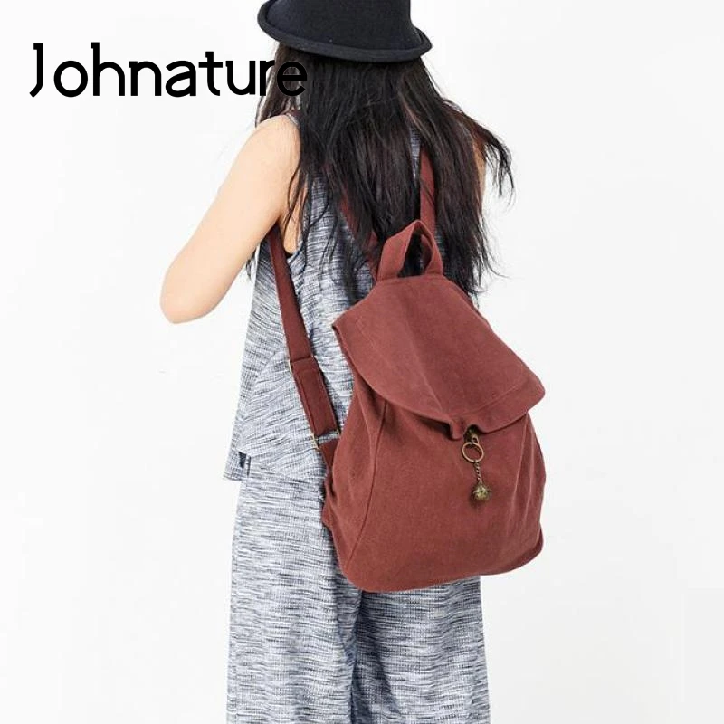 Johnature cotone lino Vintage Bagpack 2024 nuova semplice borsa da donna di grande capacità Casual Hasp tinta unita zaino da viaggio femminile