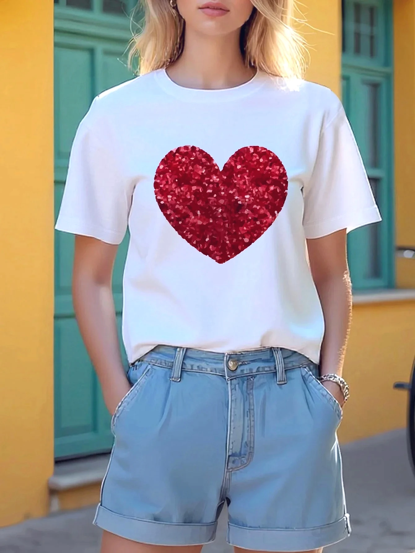 Valentijnsdag Dames T-shirt met korte mouwen, rood hart, grafische print, casual dagelijkse top voor zomer, vrouwelijke esthetische kleding