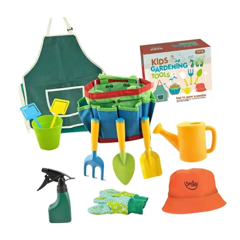 T3LB Kids Gardening Tool Set With Watering Can And Apron For Outdoor Planting Activities