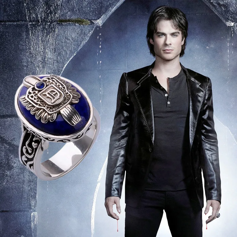 Gothic Vampire Diaries Style Ring, Royal Blue Carved Pattern, Punk Retro Alloy Ring for Men and Women