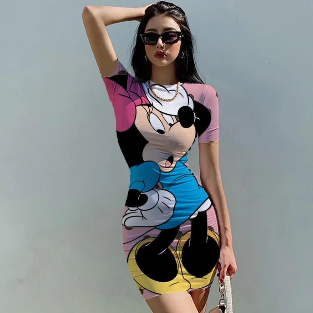 Disney-Mini vestido Minnie Mickey Mouse Bodycon feminino, gola redonda, manga curta, bolsa sexy, festa hip, clubwear, vestidos finos, verão, 2022