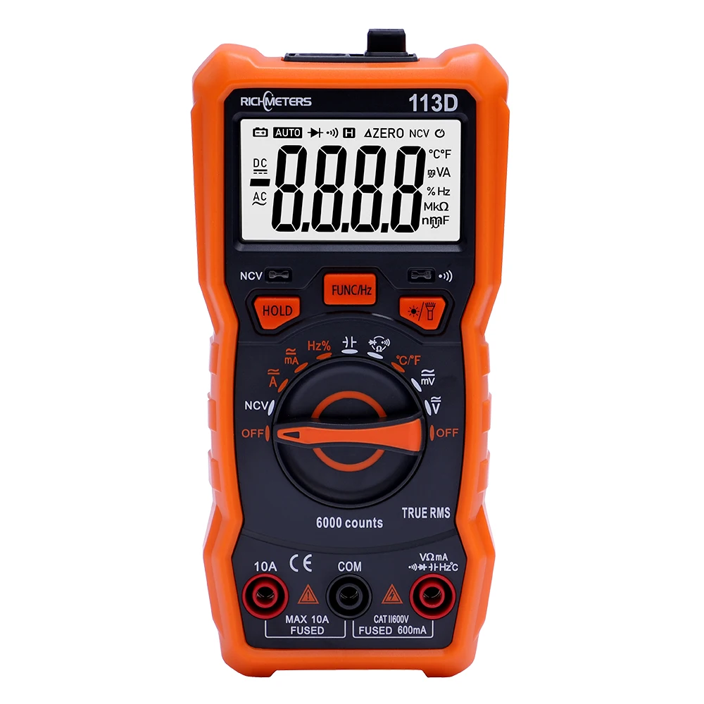 RICHMETERS RM113D NCV Digital Multimeter 6000 Counts Auto Ranging AC/DC Voltage Meter Flash Back Light Large Screen