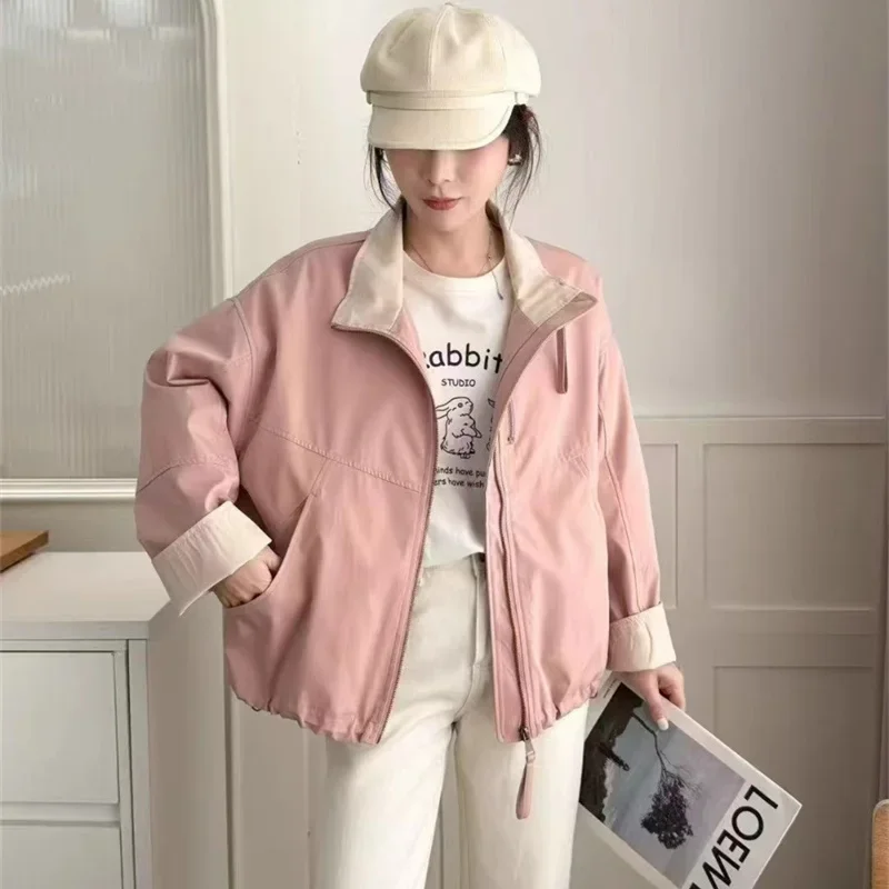 

2025 Fashion Oversize Loose Jacket Women's Short Coats Stand-up Collar Zipper-up Lady Casual Tops Pink Outerwear Spring Autumn