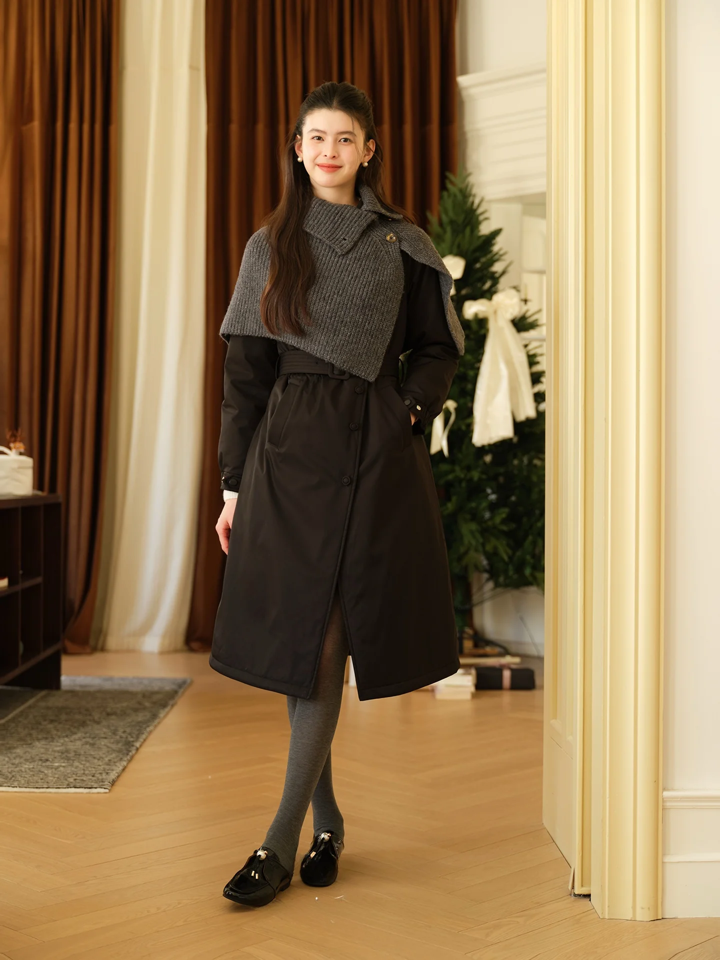 

Roroeep Clara Knitted awl Tee-Proof 90 Du down Jaet Women's Ele Fit White Du Feather Warm Long Sve Coat