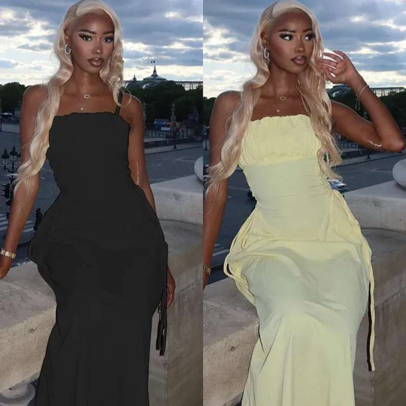 

Chic Women's Solid Color Sleeveless Strap Dress Backless Design Pullover Mid-Length Elegant Outfit INS Trendy Summer Dress 2025