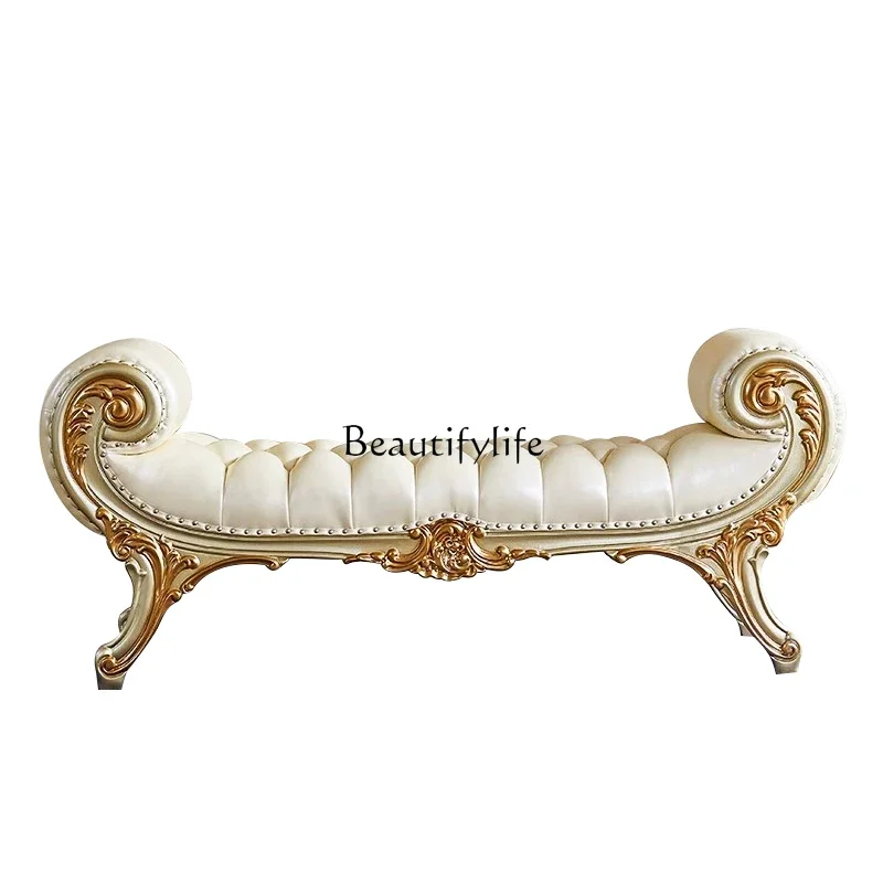 European style tail sofa stool pure solid wood French leather princess bedside couch bedroom furniture