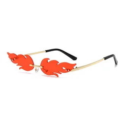 Fashion Oval Fire Flame Sunglasses Woman Metal Rimless Sun Glasses Female Small Frame Ocean Mirror Luxury Oculos Feminino