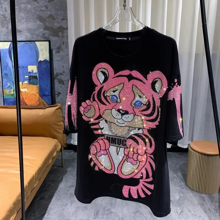 L-4XL Plus Size Casual T-shirts Vrouwen Kleding Cartoon Tijger Strass Zomer Korte Mouw Losse Tops Ж Espero Rotterdam Plus Size