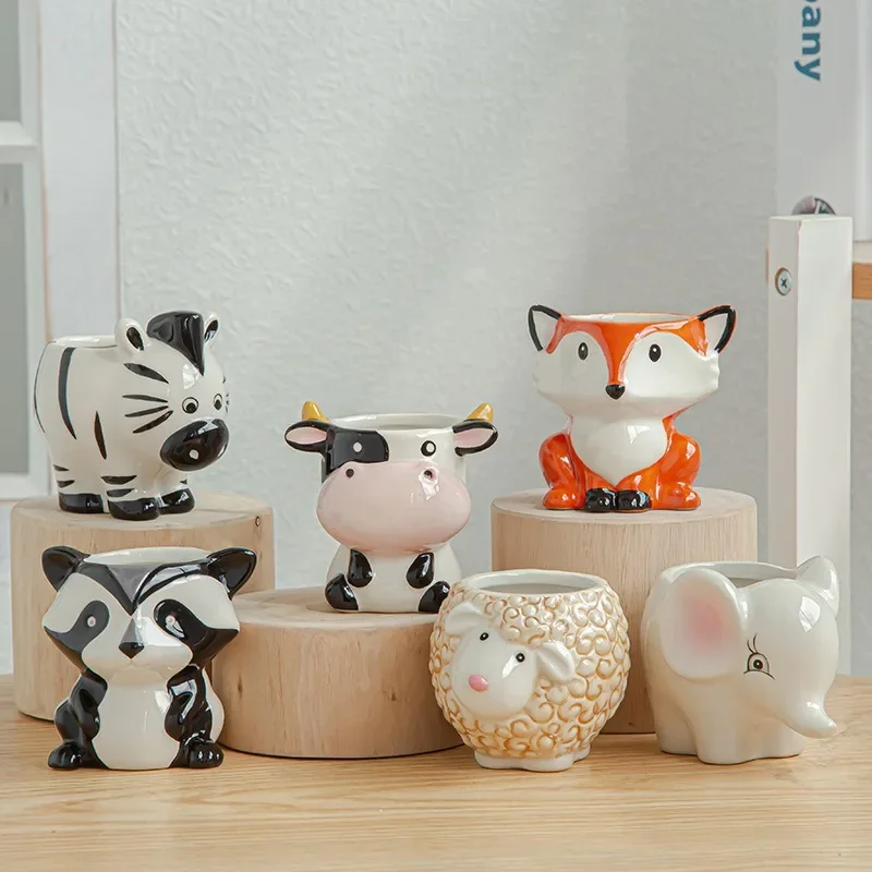 

Cartoon Animal Flower Pot Fox Zebra Sheep Cow Mini Pot Succulents Plants Bonsai Pots Ceramic Vintage Vase Home Garden Decoration