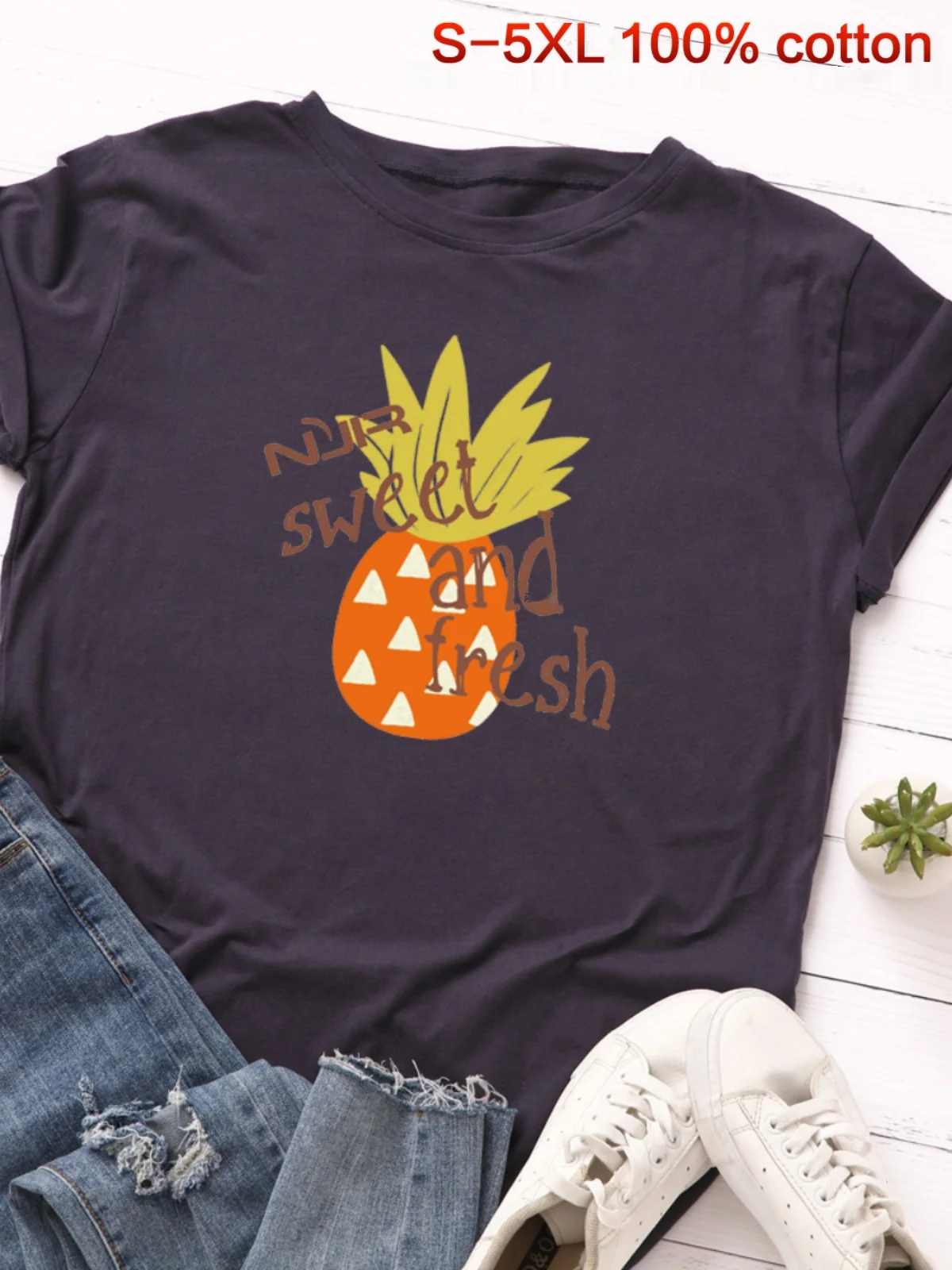 

Large Size Women's Pure Cotton T-irt Creative Fun Pine Print Street Sle Loose Fit round Ne ort Sve Top