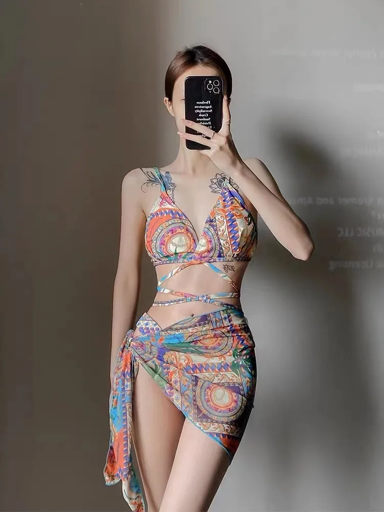 Fresh Floral Sexy Bikini Set for Women, Hot Spring Holiday Swimwear, Cover Up Skirt, Beach Bathing Suit, Floral, Summer, Hot