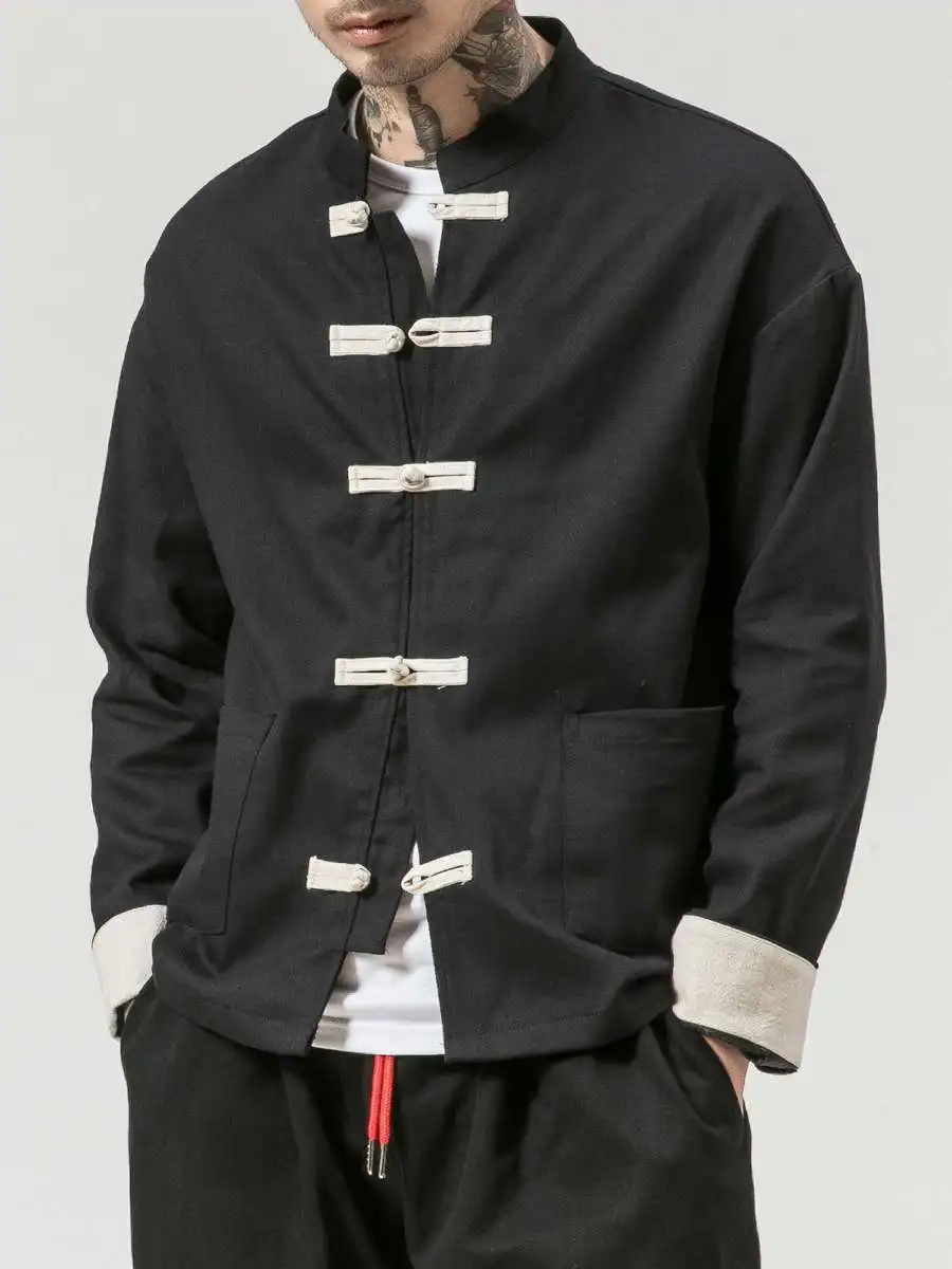 

Men's Autumn Winter Large Size Retro Chinese Sle Button Cardigan Jaet Loose Fit Long Sve Stand Collar Outerwear