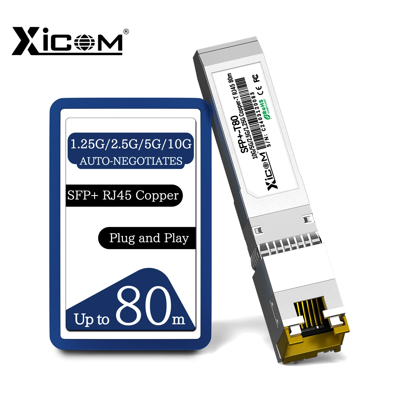 Xicom 10G SFP+ RJ45 Copper Transceiver SFP Module 80M RJ45 Port 10G/5G/2.5G/1.25G Compatible with Cisco/Mikrotik Ethernet Switch