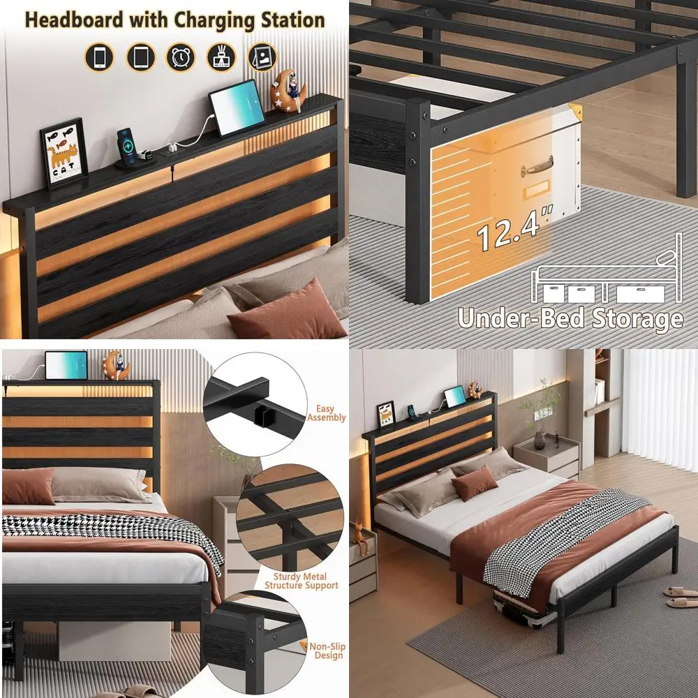 

Металлическая кровать-платформа 14 дюймов (35,5 см) с поддержкой стальных ламелей, LED-подсветкой, зарядкой и местом для хранения, не требует пружинного блока