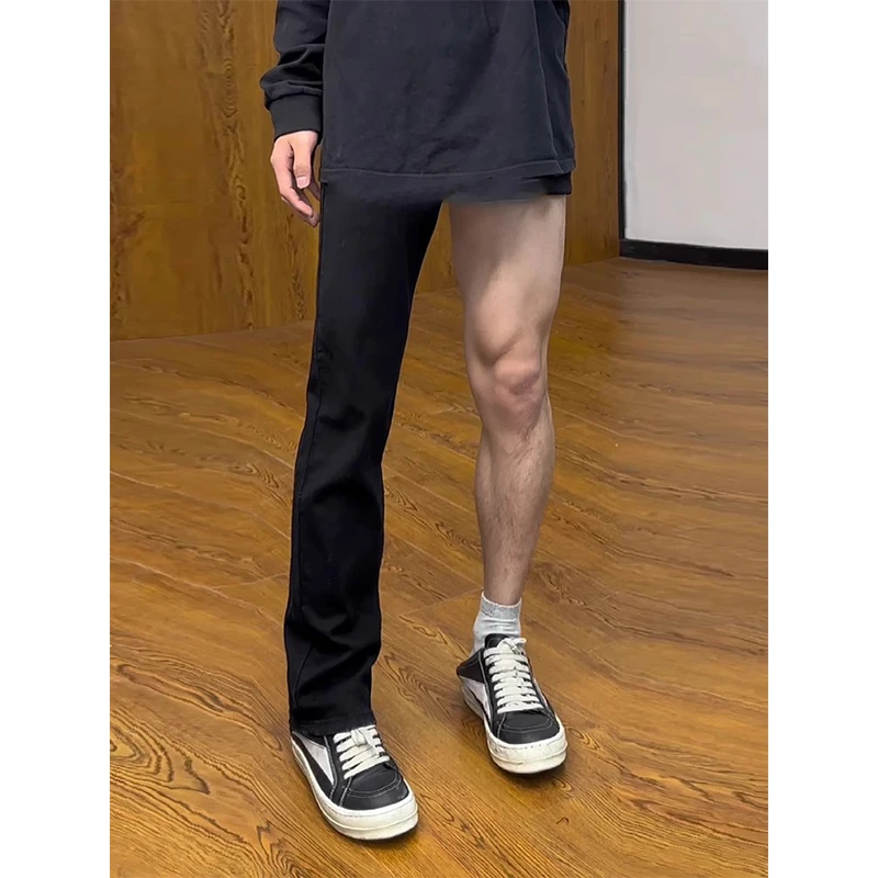 

Slimming Pure Bla Elastic Straight Leg Men's Jeans Trendy High Waist Long Pants American High Street Vibe Cotton Polyester ...