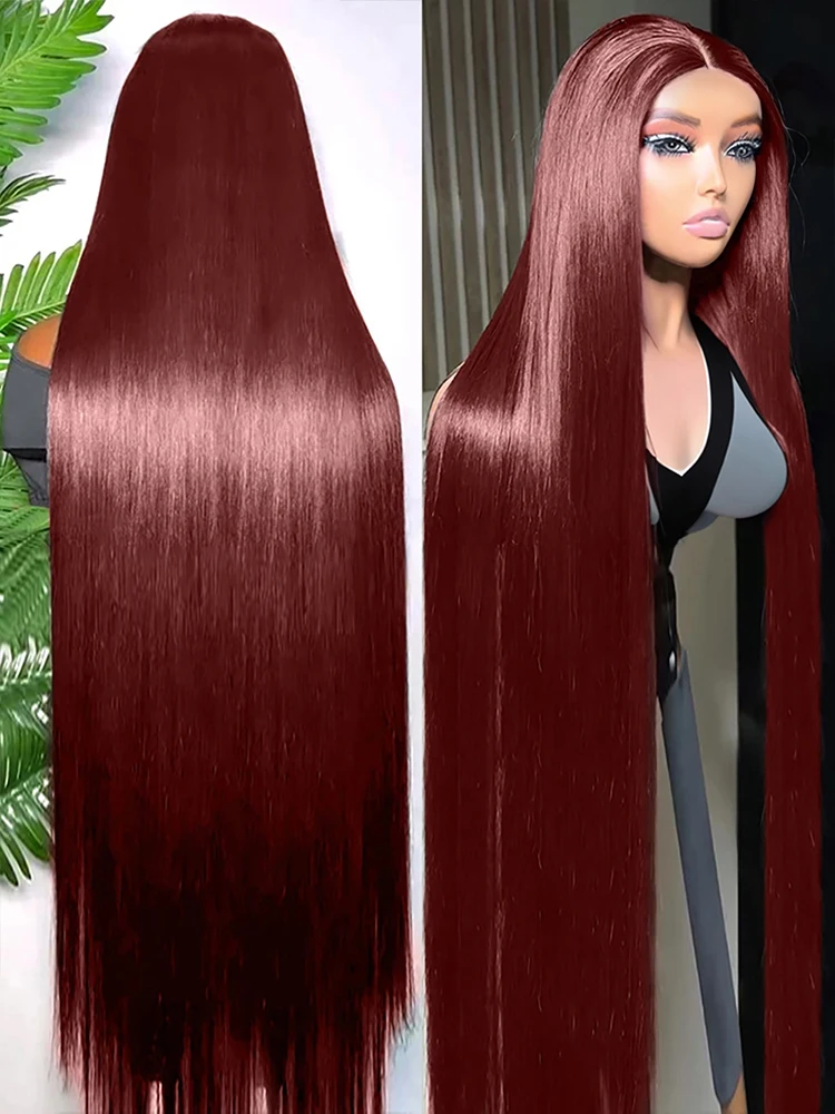 40 42 Inches Reddish Brown Straight Lace Front Wigs Human Hair Brazilian 13x4 Glueless Wig Ready To Wear Dark Red Brown Full Wig