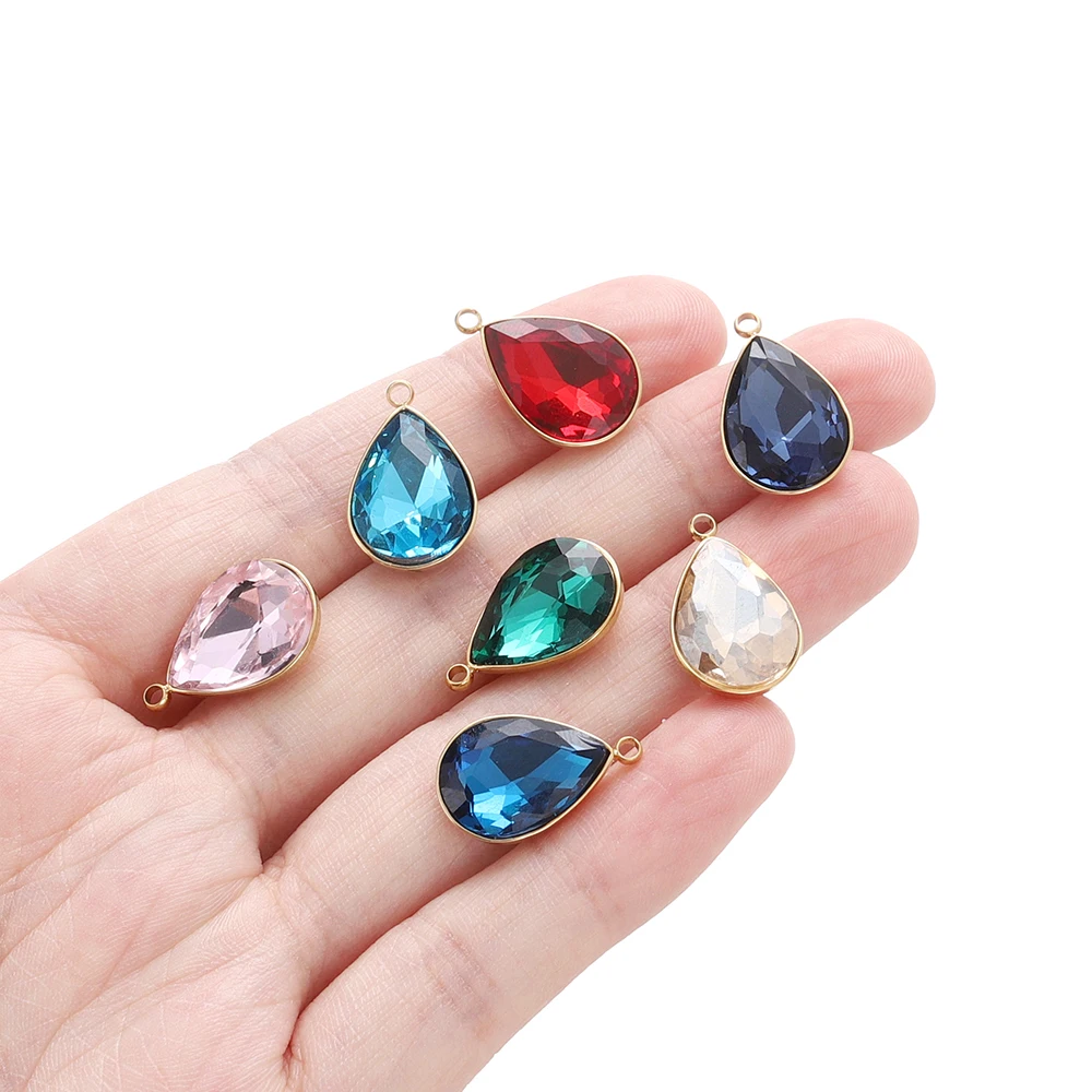 5pcs/lot Stainless Steel Crystal Glass Charms Pendants Water Drop Shape Charms for DIY Necklace Beads Jewelry Making Accessories