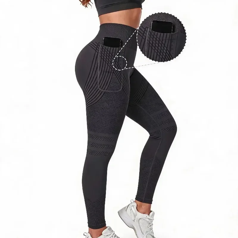 Hot Sale Side Pocket Pants Sexy Lines Hip Lift Sports Leggings Women's High Waist Elastic Fitness Pants Running Yoga Pants