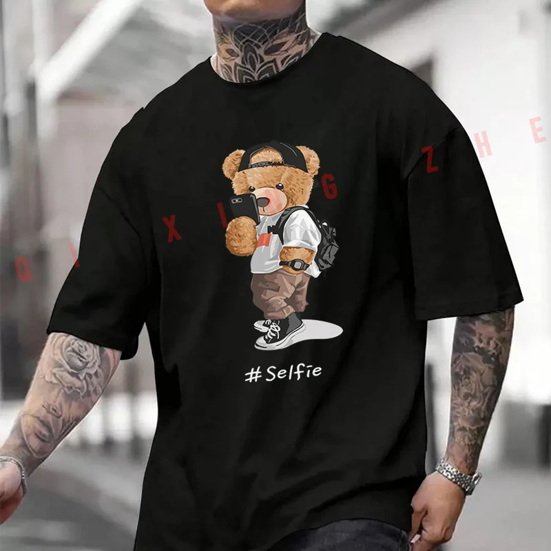 

Trendy Bear Selfie Design Motorcycle Printed T-Shirt Men's Fashion Short Sleeve Exquisite Design Essential Top Tees