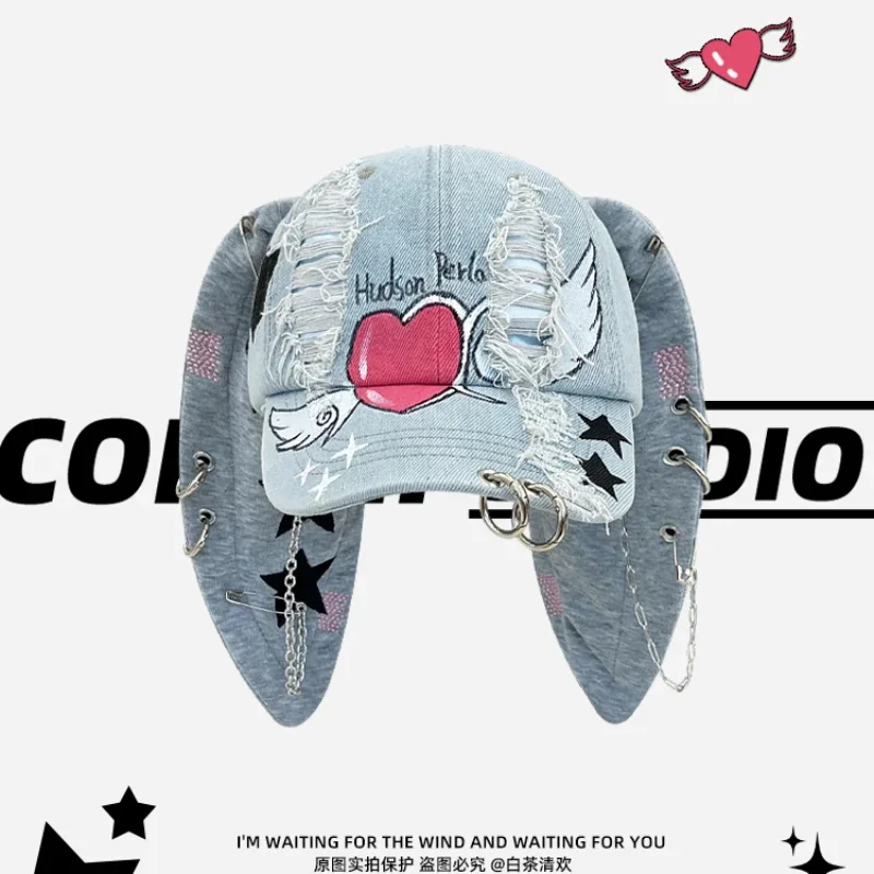 

Дизайнерская джинсовая рваная бейсболка с кроличьими ушками Y2k Wasteland в темном стиле, персонализированные уличные шляпы в стиле хип-хоп для мужчин и женщин