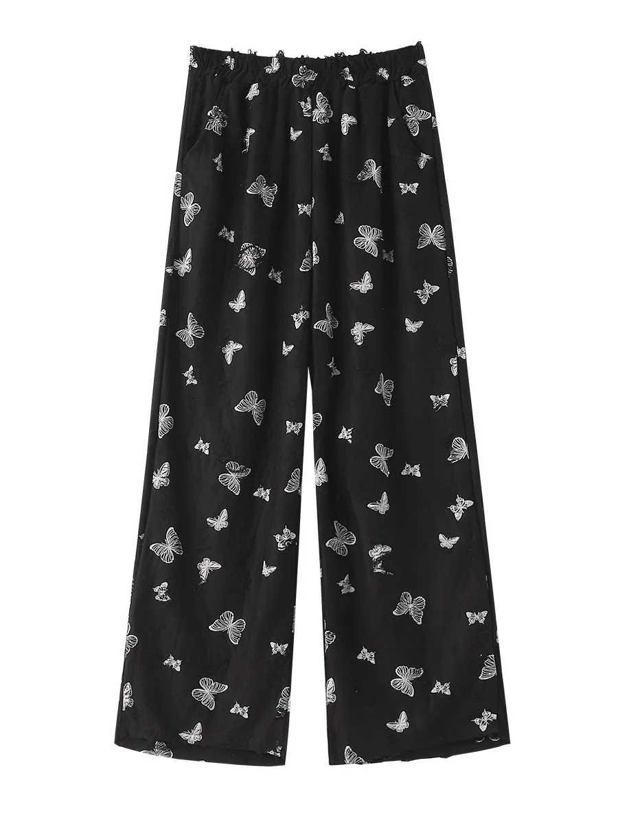150 kg Plus Size Damen Hip 150 Herbst Schmetterling Stickerei Hohe Taille Weites Bein Hängende Freizeithose Schwarz 5XL 6XL 7XL 8XL 9XL