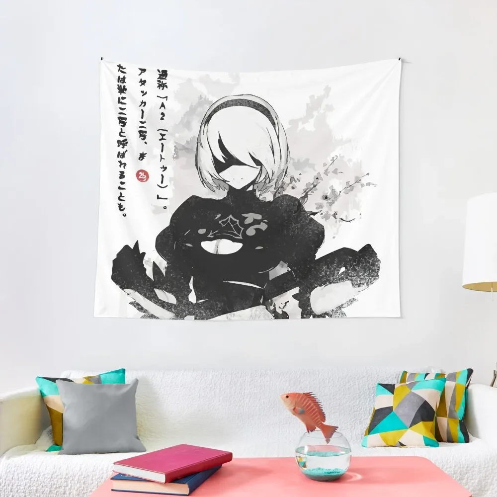 NieR Automata 2B Japan Ink - Tapestry Wallpaper Aesthetics For Room Tapestry