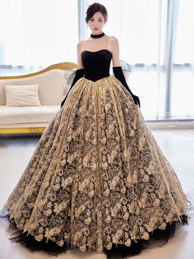 

Banquet Long Evening Dress Hot Sale Style Dress Black Dresses Forest Style Princess Host Dress Black Gauze Party Gown Vestidos