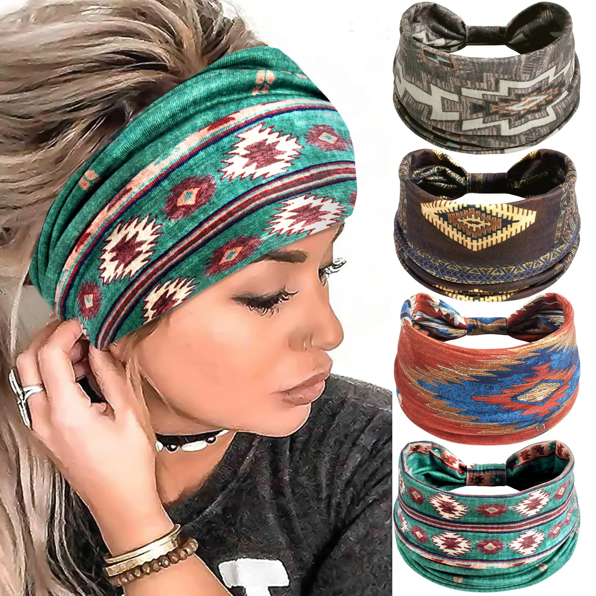 Boho African Headbands for Women Wide Cotton Turban Headwrap Knot Elastic Hairbands Bandeau Sport Workout Yoga Hair Accessories