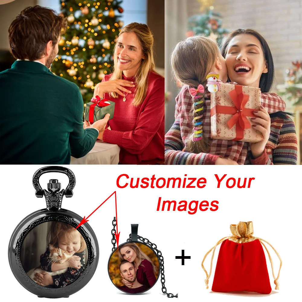 

Custom Picture Design Glass Dome Quartz Pocket Watch and Pendant Necklace Combination Package with Red Flannel Bag Souvenir Gift