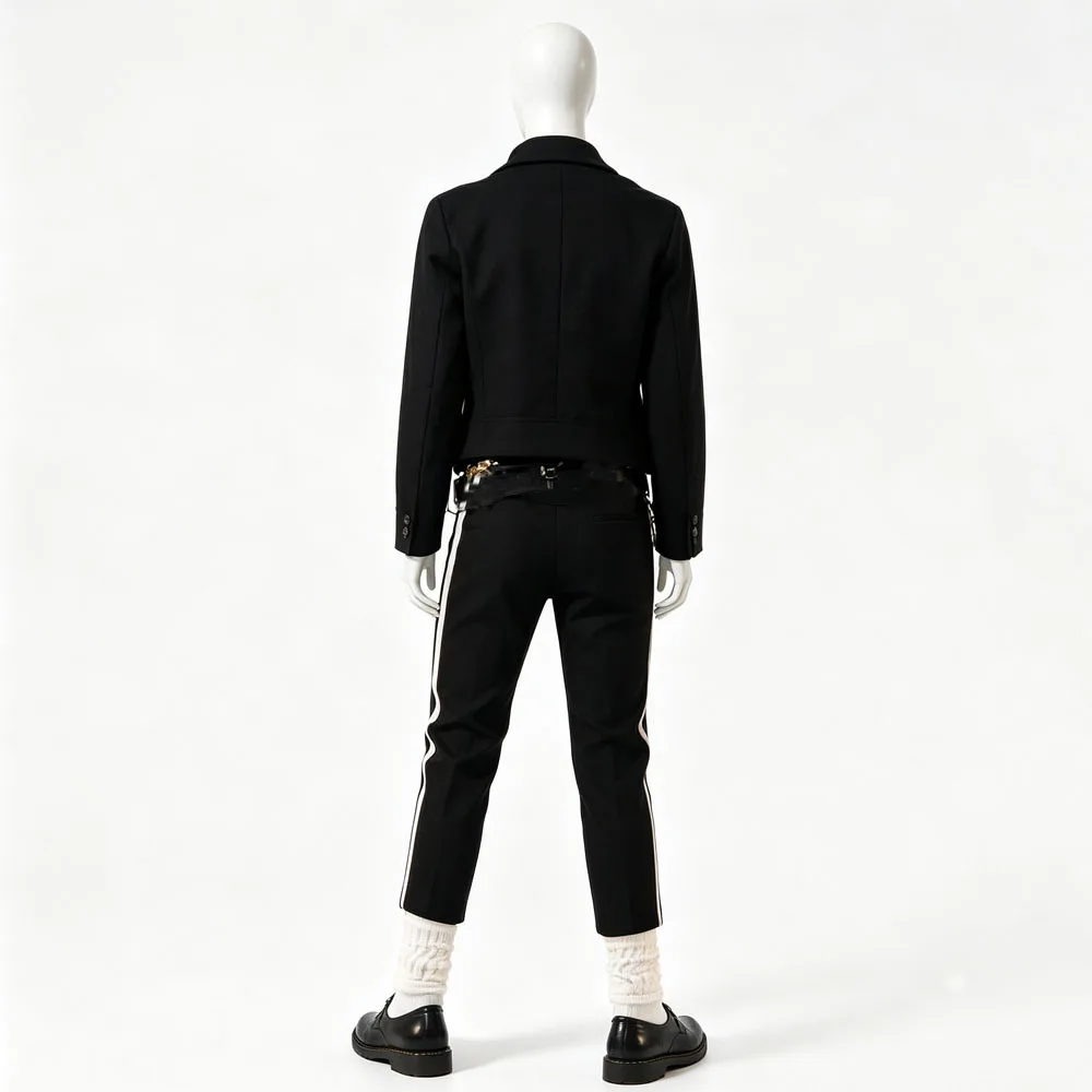 Men Punk Stage Costume Set Black Strap Decor Jacket Striped Pants Waist Belt Halloween Carnival Cosplay Suit for Performance view 2