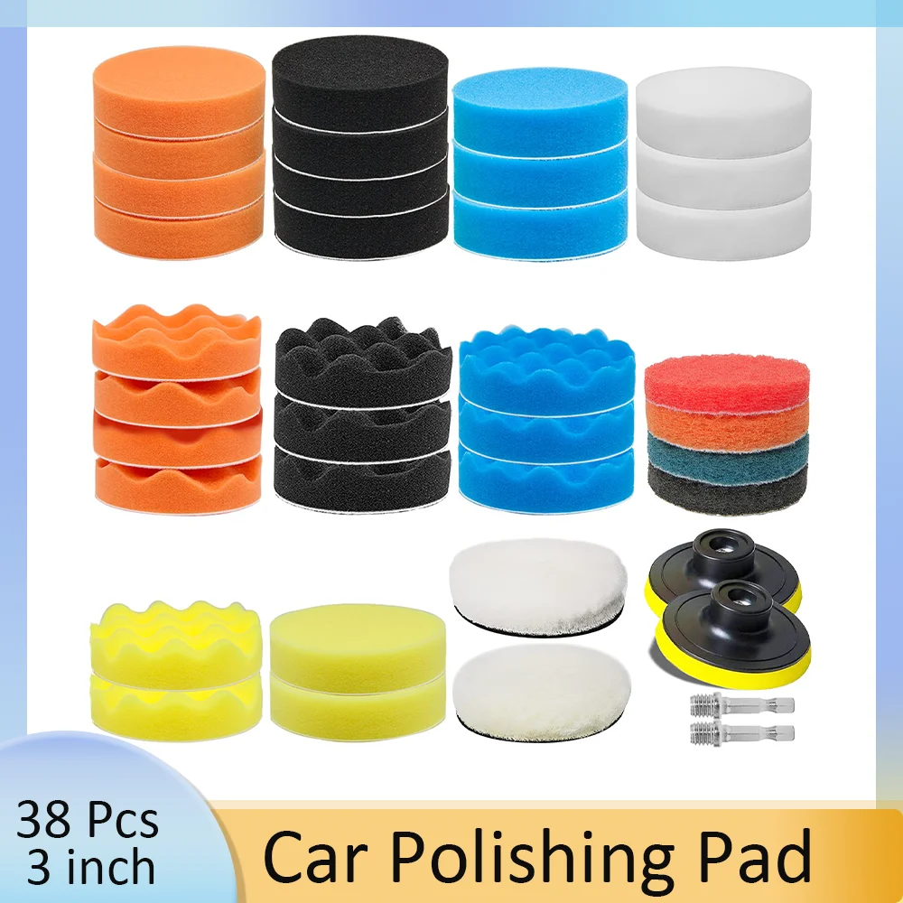 

38 Pcs 3 Inch Buffing Polishing Pads Kit Car Foam Drill Polisher Kit Headlight Restoration Kit with Wool Pads for Car Polishing