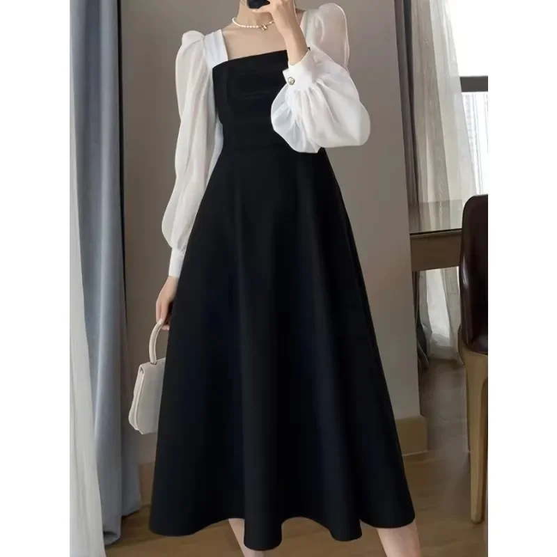 

New Elegant A-Line Dress Women Retro Spliced Square Collar Long Dress Spring Autumn Black Ladies Dresses Women's Clothing