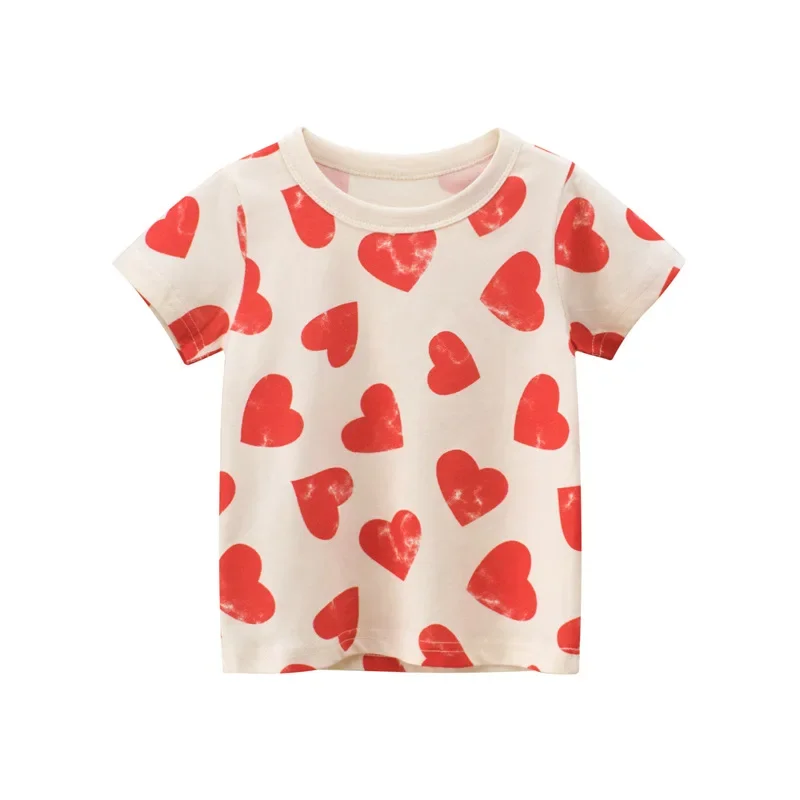 2-8T Heart Print Girls T Shirt Summer Toddler Kid Baby Clothes Short Sleeve Cotton Tshirt Childrens Cute Tee Top Infant Outfit