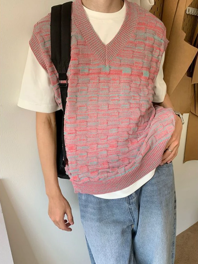 Man Clothes Waistcoat Vest Knitted Sweaters for Men Sleeveless V Neck Pink Japanese Harajuku Fashion 2024 Korean Autumn Wool Fun