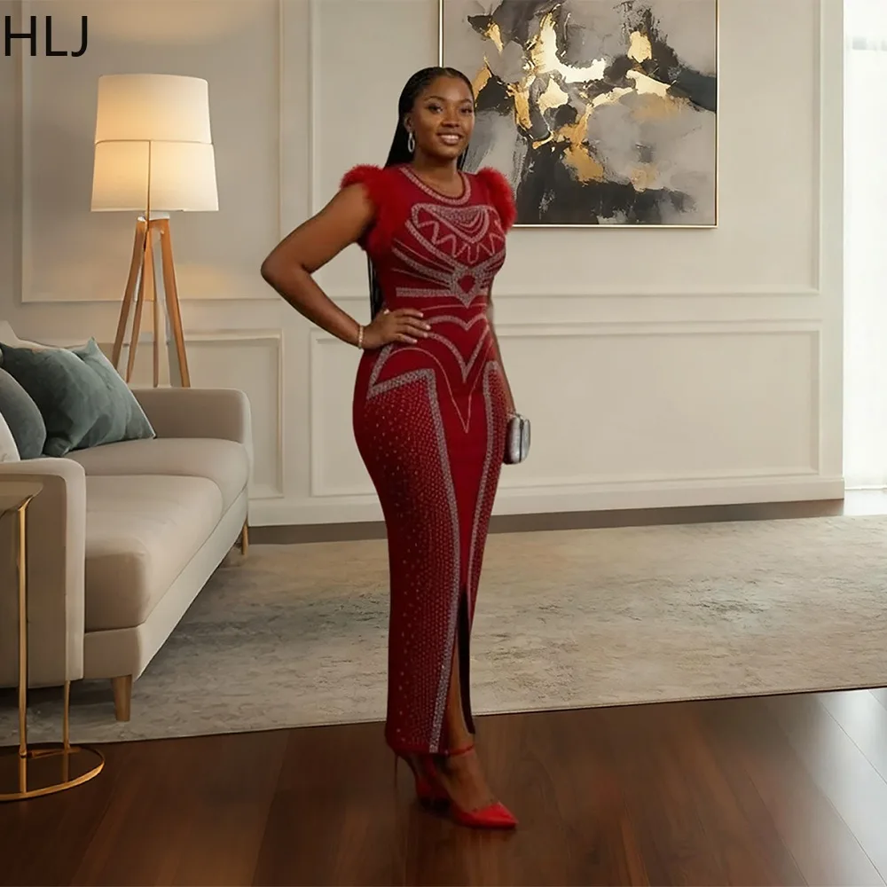 HLJ Winter New Sexy Fur Rhinestone Patchwork Bodycon Dresses Woman Round Neck Sleeveless Dress Female Party Clubwear Vestidos