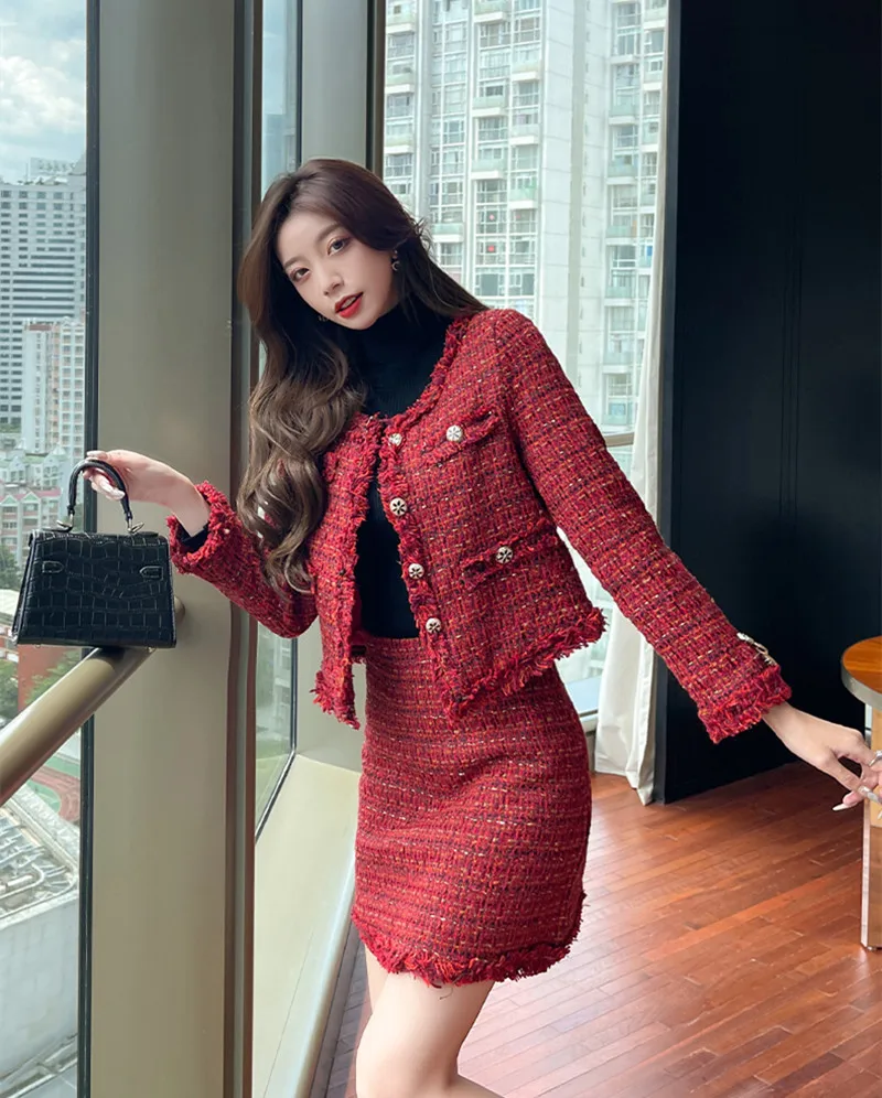 Autumn Winter Red Wool Tweed 2 Piece Set Women Golden Single Breasted Long-Sleeved Jacket Coat + Tassel Mini Skirt Suit