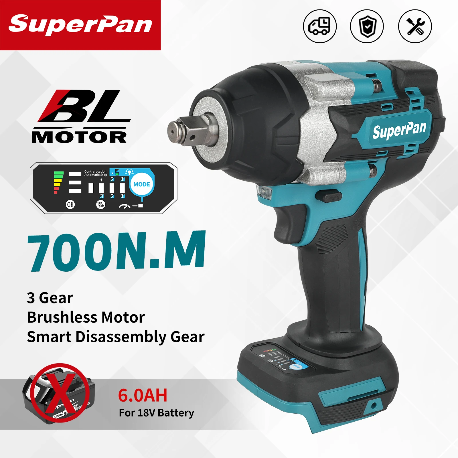 

Ударный гайковерт SUPERPAN 700 Нм, бесщеточный, аккумуляторный, 1/2 дюйма, литий-ионный, для батарей Makita 18В