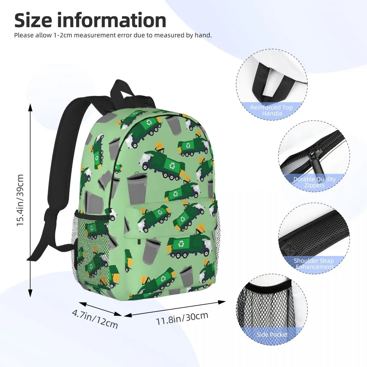 Mochilas con patrón de camión de basura de reciclaje para niños y niñas, mochila escolar informal para niños, bolsa de hombro para computadora portátil