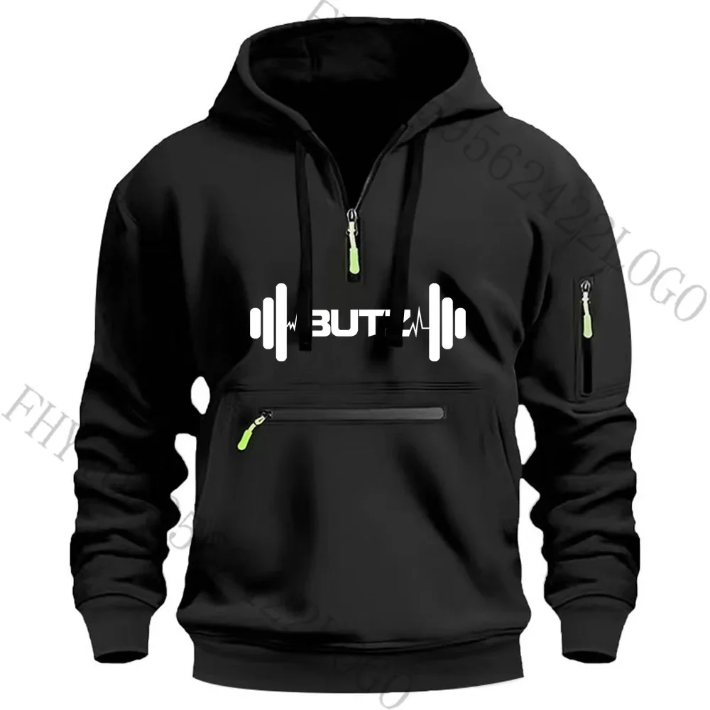 2024 Autumn and winter new men\'s outdoor leisure fitness running sports clothing fashion multi-zipper arm pocket hoodie