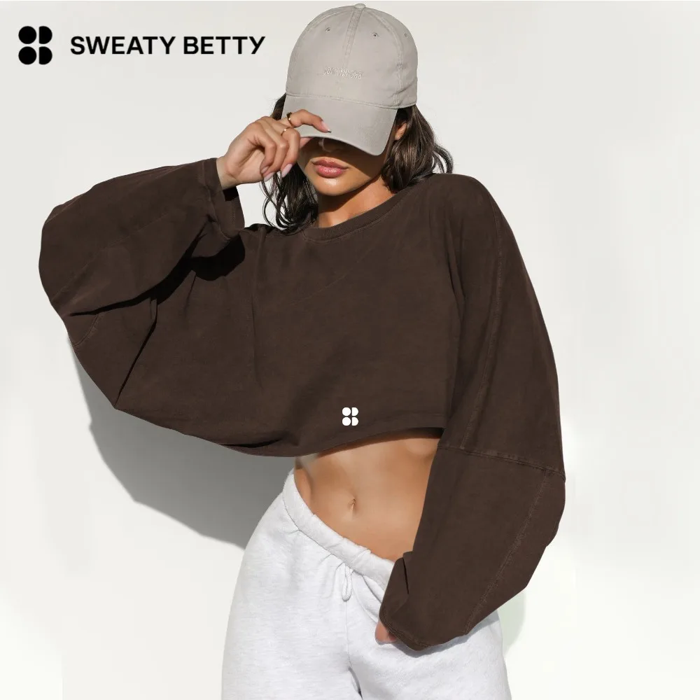 

2025 Top Brand Sweaty Betty crop top round neck sweatshirt women's short sports base T-shirt knitted sweater long sleeved top