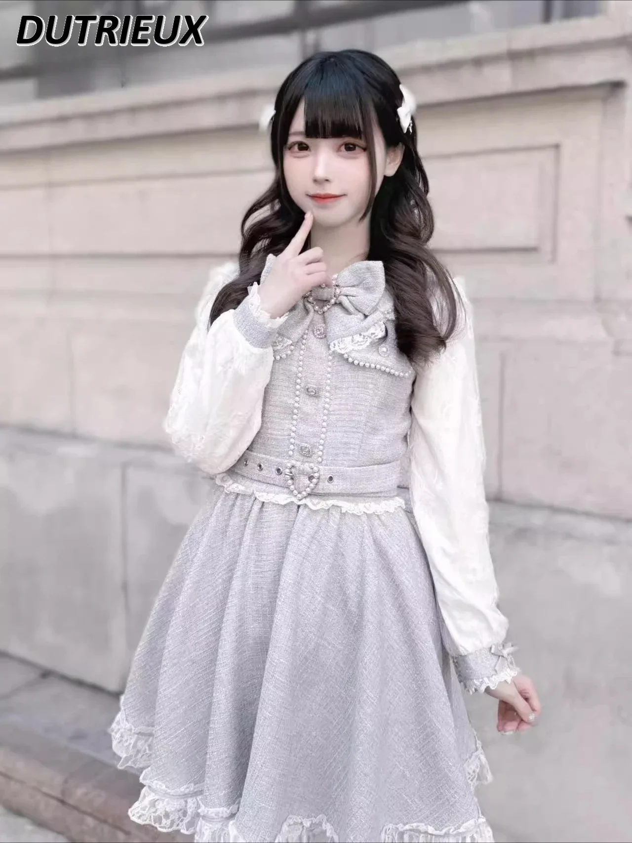 

Spring Autumn Tweed Lace Bow Dress Mass-produced Japanese Sweet and Cute Girls' Versatile Long-sleeved Slim-fitting Dresses