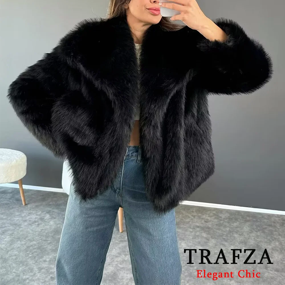 TRAFZA-Women Winter Ancora Red Solid Faux Fur Coat Jacket Big Lapel Coat New 2024 Autumn Winter Fashion Slouchy Burgundy Coat