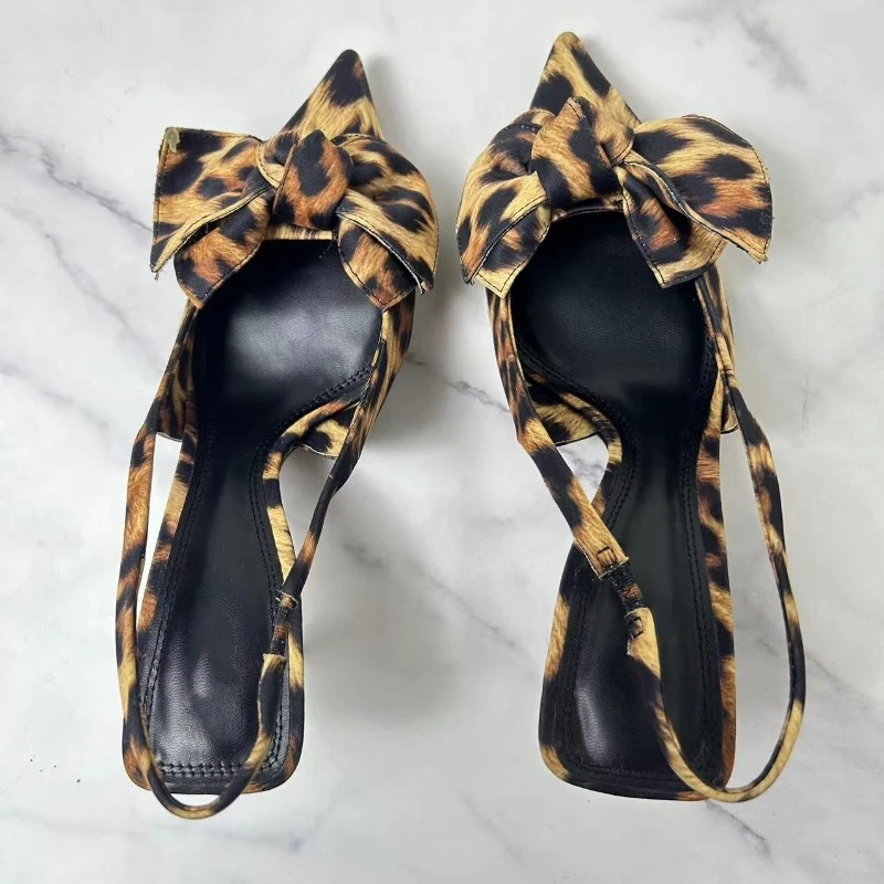 Big Bow Shallow High Heels Sandals for Lady Fashion Pointed Sexy Stiletto Leopard Print Summer Retro Party Luxury Shoes Woman