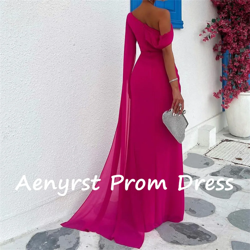 Aenyrst Hot Pink Diagonal Collar Sereia Vestido de Noite personalizado Chiffon Floor Comprimento Prom Vestidos Longo Vestido De Festa فساتين السهرة