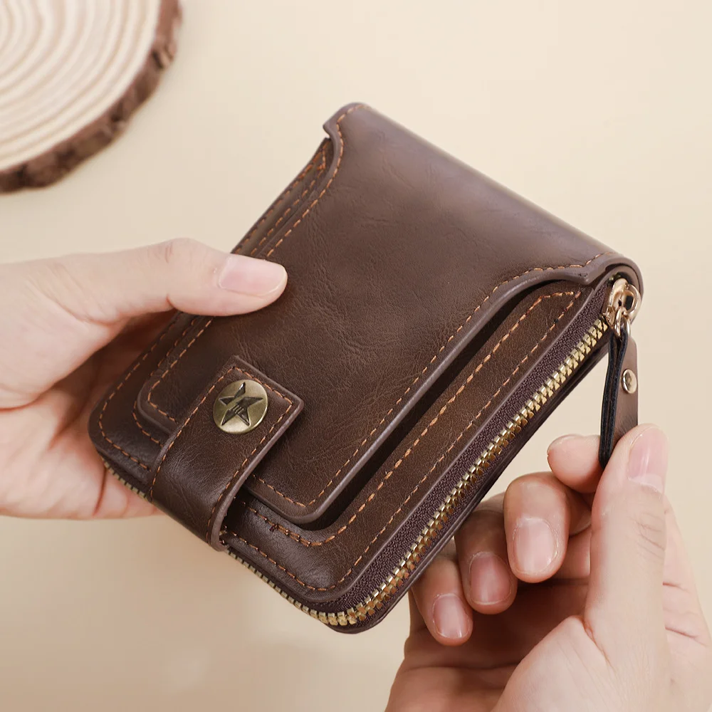 Men Wallet, Vintage PU Leather Multi-Card Zipper Wallet Zipper Pocket Large Capacity Buckle Credit Card Holder Wallet