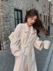 2023 Autumn  Women Beige White Color Elegant Drouble Breasted Woolen Coat With Belt Winter Clothes Long Coats Tops New